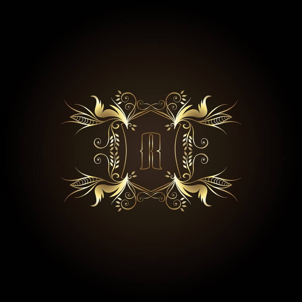 Lettre initiale R Logo Gold Frame Luxury Badge Décoratif Ornement Vector Design pour mariage, boutique et luxe identité d'entreprise - Vecteur, image