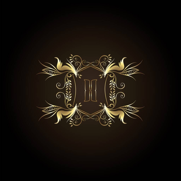 Letra inicial X Logo Marco de oro Insignia de lujo Adorno decorativo adornado Diseño vectorial para boda, boutique y lujo Identidad empresarial - Vector, imagen