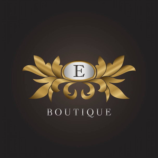Luxus Boutique eredeti E levél logó arany jelvény dekoratív dísz vektor sablontervezés - Vektor, kép