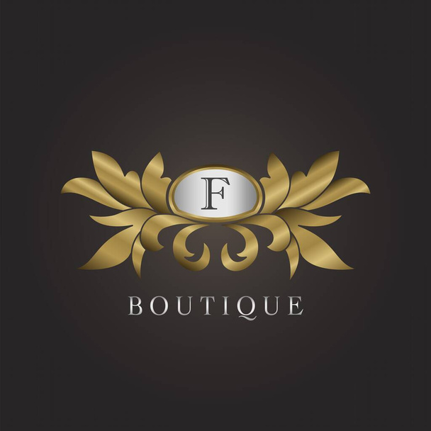 Boutique de lujo inicial F Letra Logo Insignia de oro ornamento decorativo ornamento Vector Plantilla Diseño - Vector, imagen