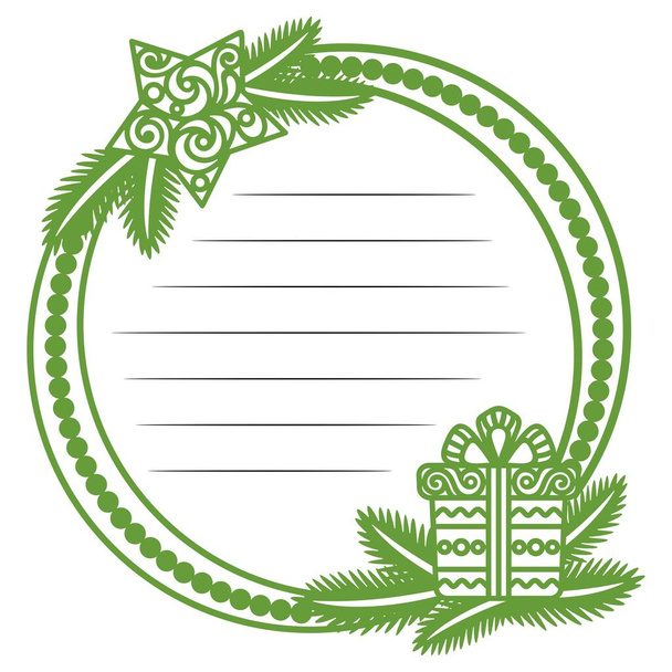 Πράσινο πλαίσιο Χριστουγέννων με γραμμές για κείμενο στο κέντρο. Διακοσμητικό πρότυπο για εορταστικές ευχές, προσκλήσεις, κάρτες. Χριστουγεννιάτικο δέντρο κλαδιά, δαντέλα αστέρι και κουτί δώρου με τόξο. Εικονογράφηση διανύσματος. - Διάνυσμα, εικόνα