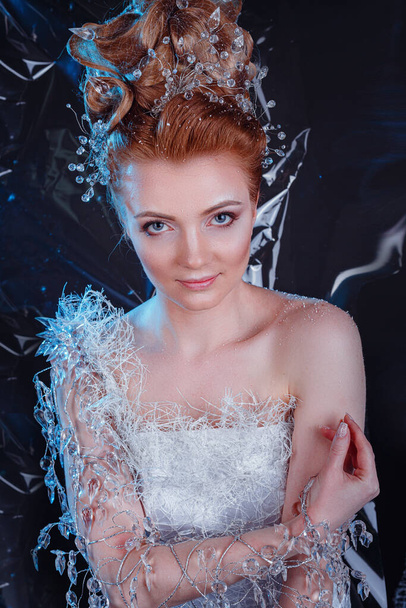 Snow Queen High Fashion Portrait over Blue ice Background. creative closeup portrait. Young woman in creative image with silver artistic make-up. Winter Portrait. - Photo, Image