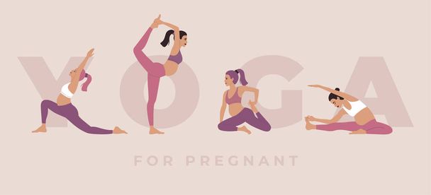 Mladé těhotné ženy provádějící tělesná cvičení a různé pozice jógy, aktivní těhotenství, ručně kreslené ilustrace v moderním plochém kresleném stylu v růžových barvách, izolované na světlém pozadí - Vektor, obrázek
