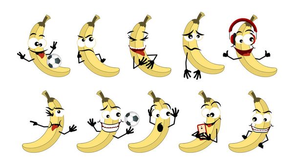 Auriculares, pelota de fútbol, plátano Emoticon. Conjunto de emoticonos, icono de emoji aislado sobre fondo gris. amarillo
. - Vector, imagen