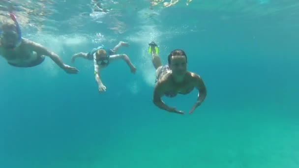 Οικογενειακό κολύμπι κάτω από το νερό προς την κάμερα σε αργή κίνηση - Πλάνα, βίντεο