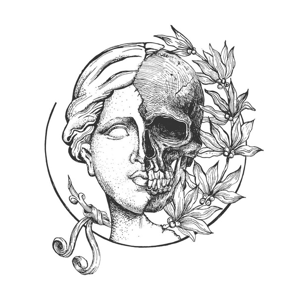 Vector hand drawn illustration of Venus de Milo sculpture. Head of antique greek goddess statue head and skull in half with flowers in vintage engraved style. Isolated on white background - Vektor, obrázek
