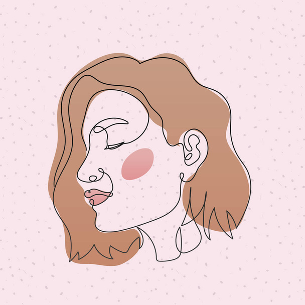linia kobieta twarz z włosy i usta na różowym tle - Wektor, obraz