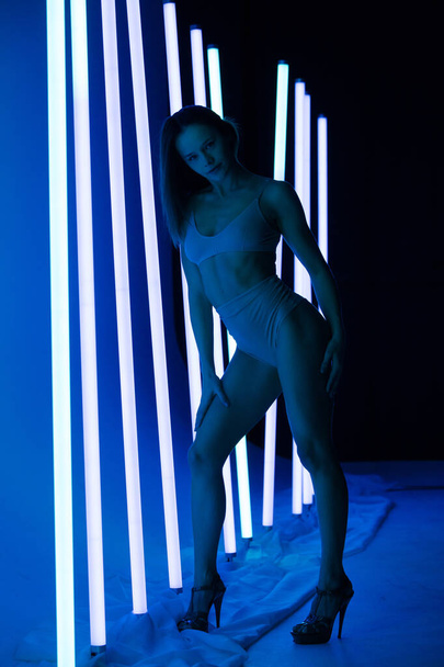 Portrait beautiful hot brunette woman in lingerie posing in a photo studio on a dark background with neon lamps blue lights. Close up. - 写真・画像