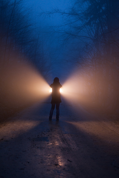 Una persona con luce nella foresta di notte
 - Foto, immagini
