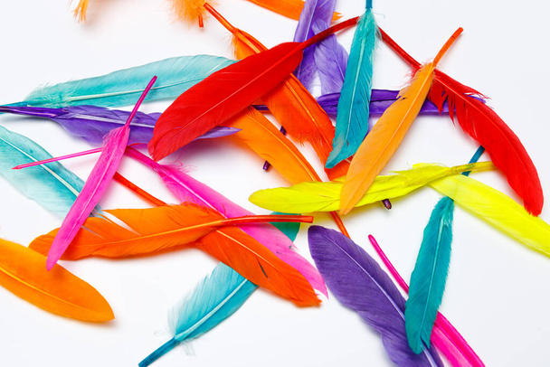 Красочные искусственные перья на белом фоне, используемые для ручной работы, сделанной детьми - Фото, изображение