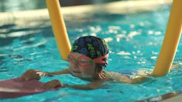 Futuro campeón. Entrenamiento de natación para el pequeño campeón. Pequeño niño lindo fortalece su salud nadando en la piscina. - Imágenes, Vídeo