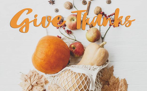 Give Thank Text handgeschrieben auf wiederverwendbare Einkaufstasche mit Kürbissen, Äpfeln, Beeren, Nüssen und Herbstblättern auf weißem Holz, umweltfreundlich. Glückwunschkarte zum Thanksgiving. Jahreszeiten-Grüße - Foto, Bild
