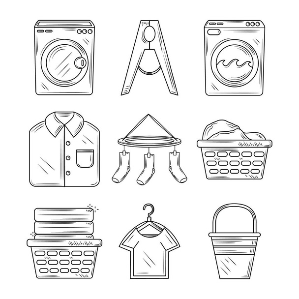 wasserij, collectie pictogrammen met wasmachine emmer mand en wasknijper lijn stijl - Vector, afbeelding