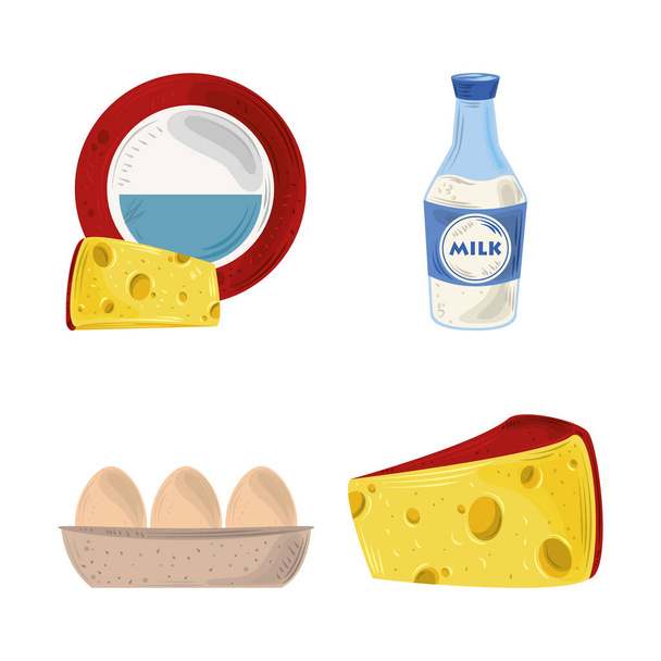 set de iconos de alimentos, rebanadas de huevos de queso y botella de leche - Vector, imagen
