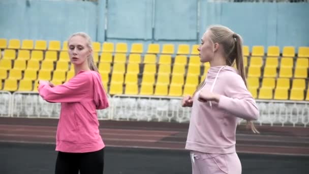 giovani caucasici gemelli identici in abbigliamento sportivo allungando i loro corpi allo stadio - Filmati, video