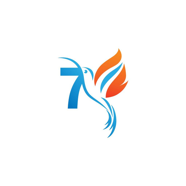 Número 7 combinado com o design do logotipo do ícone do beija-flor da asa de fogo - Vetor, Imagem