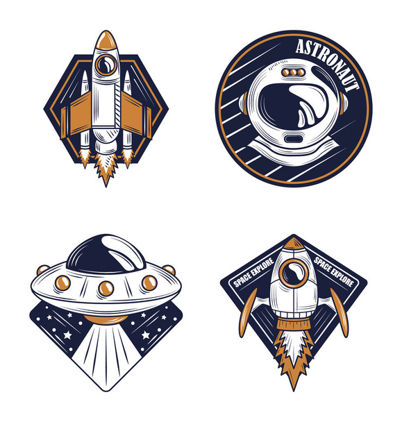 ruimteverkenner astronaut helm, UFO en ruimteschip ontwerp badge pictogrammen - Vector, afbeelding