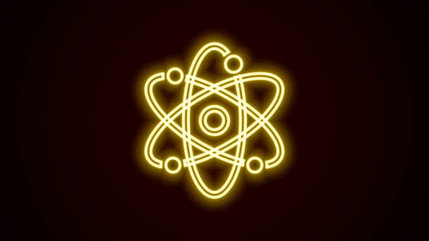 Светящаяся неоновая линия Икона Атома выделена на черном фоне. Символ науки, образования, ядерной физики, научных исследований. Видеографическая анимация 4K - Кадры, видео