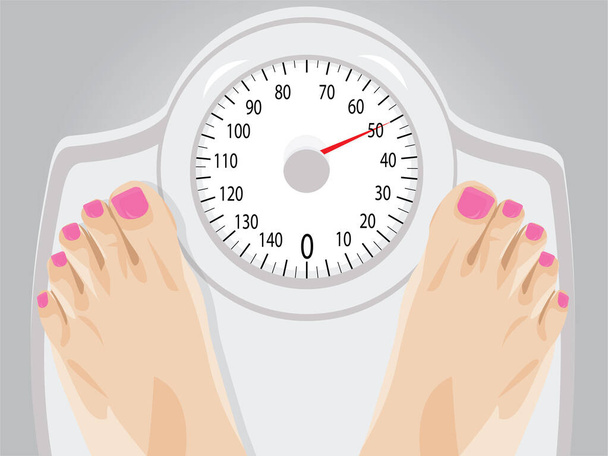 mulher de pé em uma escala para perda de peso - Vetor, Imagem