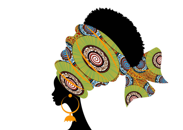 Портрет красива африканка в традиційному тюрбанському ручному племінному мотиві, кенте голови обгортають африканця етнічними сережками, чорні жінки ексцентрично волосся, векторний силует ізольований на білому тлі.  - Вектор, зображення