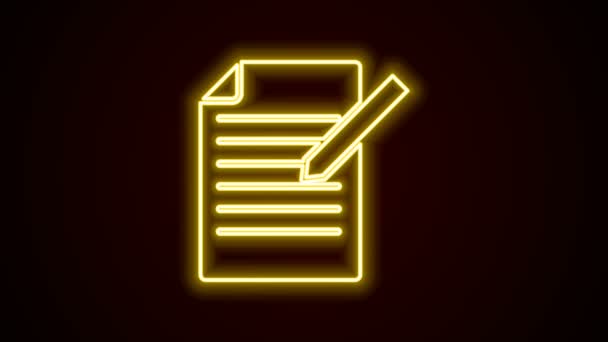 Glowing neon line Document and pen icon isolated on black background. File icon. Checklist icon. Business concept. 4K Video motion graphic animation - Footage, Video