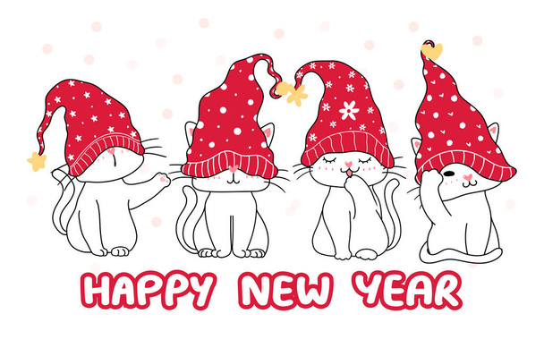 Boldog macskák, Karácsonyi üdvözlőlap, Aranyos csintalan macska mikulás piros kalap, hó alá mély kék háttér, vázlat firka kéz felhívni lapos vektor. - Vektor, kép