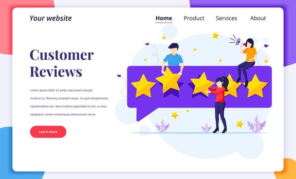 Landing page design concept of Customer reviews concept, Ihmiset antavat viisi tähteä luokitus ja arvostelu, positiivista palautetta. Asiakaspalvelu ja käyttäjäkokemus. Tasavektorin kuva - Vektori, kuva