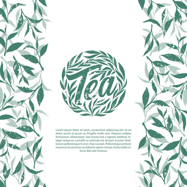 Tea hand written lettering logo with green tea leaves and branches isolated on white background. Natural organic design concept for label, emblem, packaging - Vektor, obrázek