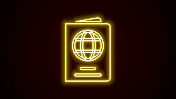 Siyah arkaplanda izole edilmiş biyometrik veri simgesiyle parlayan neon hattı pasaportu. Kimlik belgesi. 4K Video hareketli grafik canlandırması - Video, Çekim