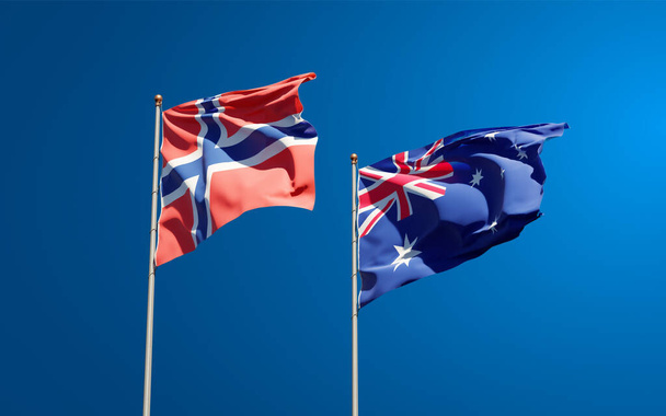 На тлі неба стоять прекрасні державні прапори Норвегії та Австралії. 3D артхаус.  - Фото, зображення