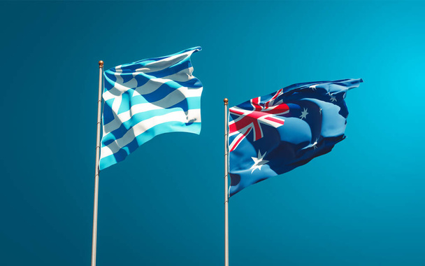 Gyönyörű nemzeti zászlók Görögország és Ausztrália együtt az ég hátterében. 3D-s művészeti koncepció.  - Fotó, kép