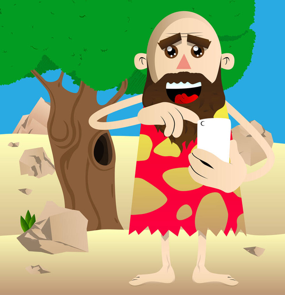 Cartoon caveman using a mobile phone. Vector illustration of a man from the stone age. - Vector, Imagen