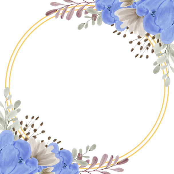 Watercolor blue peony flower frame with golden circle - Vector, Image
