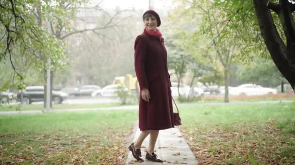 Wide shot portrait of elegant senior Caucasian woman posing outdoors on autumn day. Beautiful confident female retiree enjoying leisure on city street with blurred cars riding at the background. - Imágenes, Vídeo