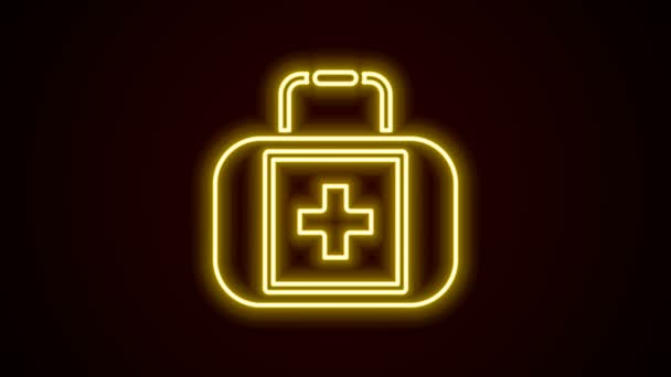 Línea de neón brillante Icono del kit de primeros auxilios aislado sobre fondo negro. Caja médica con cruz. Equipo médico para emergencias. Concepto de salud. Animación gráfica de vídeo 4K - Imágenes, Vídeo