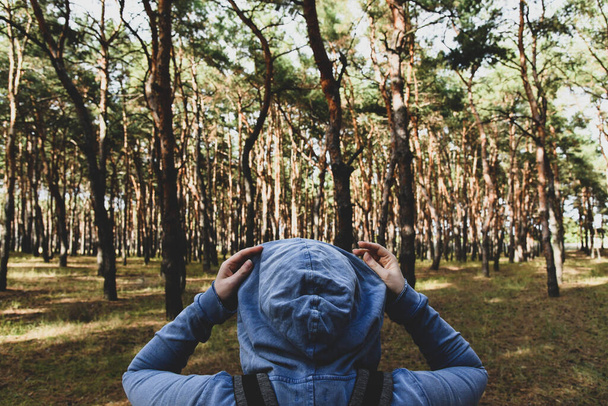 achteraanzicht van vrouw op sparren bomen achtergrond - Foto, afbeelding