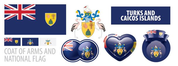 Conjunto de vectores del escudo de armas y bandera nacional de las Islas Turcas y Caicos - Vector, imagen