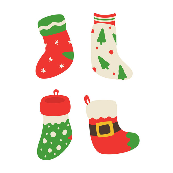 Χριστουγεννιάτικες κάλτσες σύνολο συλλογή στοιχείων λευκό απομονωμένο φόντο με χρώμα επίπεδη στυλ διάνυσμα σχεδιασμό - Διάνυσμα, εικόνα