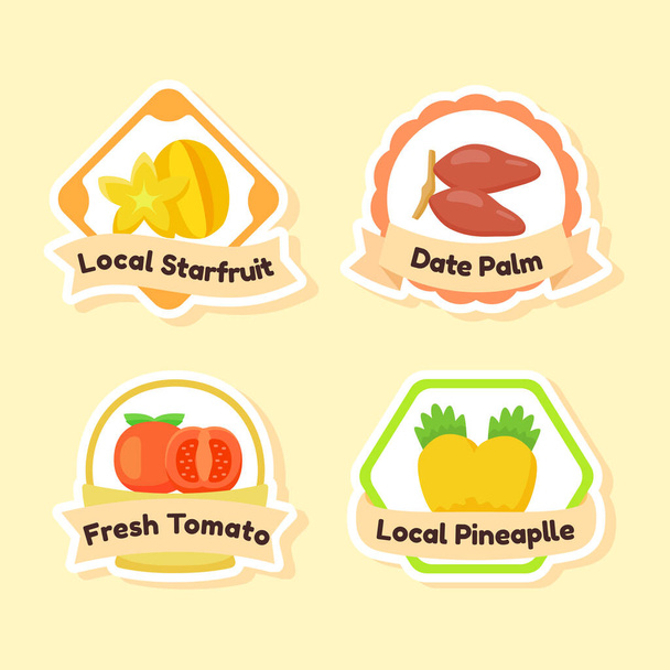 フルーツラベル要素地元のスターフルーツ日付パーム新鮮なトマトフラットスタイルと地元のパイナップル - ベクター画像