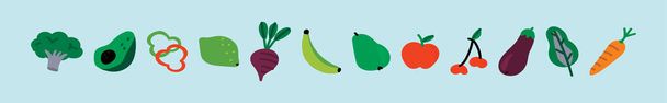 果物と野菜のセット。ニンジン、リンゴ、ブロッコリーなど。様々なモデルの現代的な漫画のアイコンデザインテンプレート - ベクター画像