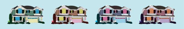 様々なモデルの家の外装漫画のアイコンデザインテンプレートのセット。青の背景に隔離された現代のベクターイラスト - ベクター画像