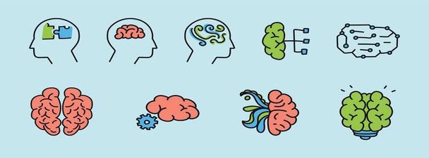 set of human brain creativity concept cartoon icon design template with various models. modern vector illustration isolated on blue background - Vector, Image