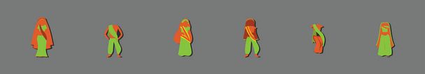 sari bandera india. ropa de las mujeres de la India. plantilla de diseño icono de dibujos animados con varios modelos. ilustración vectorial moderna aislada sobre fondo oscuro - Vector, Imagen