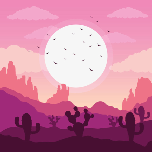 красивая пейзажная пустыня с кактусом и летающими птицами - Вектор,изображение
