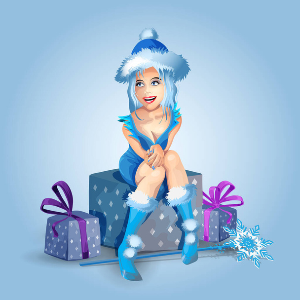 Snow Maiden on joulun ja uudenvuoden merkki. Vektoriesimerkki kauniista lumiprinsessasta. Kaunis nuori tyttö. Lumikuningatar istuu lahjapakkauksissa sinisellä taustalla. Sarjakuvan kuvitus. - Vektori, kuva