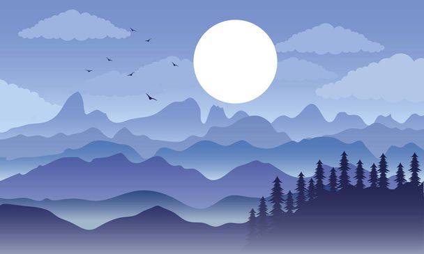 piękny krajobraz niebieski kolor sceny z górami i drzewami - Wektor, obraz