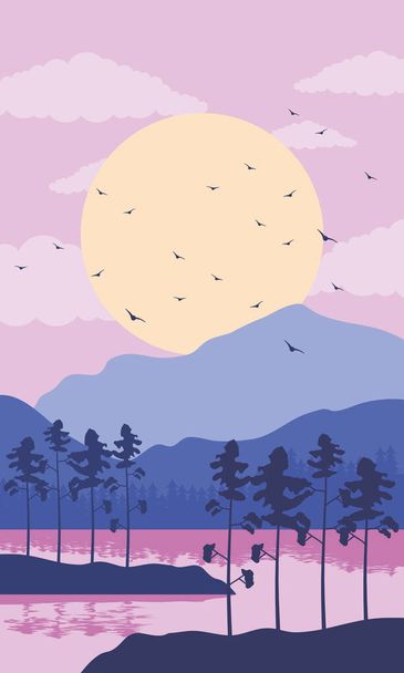 hermosa escena de paisaje con lago de color púrpura y aves - Vector, imagen