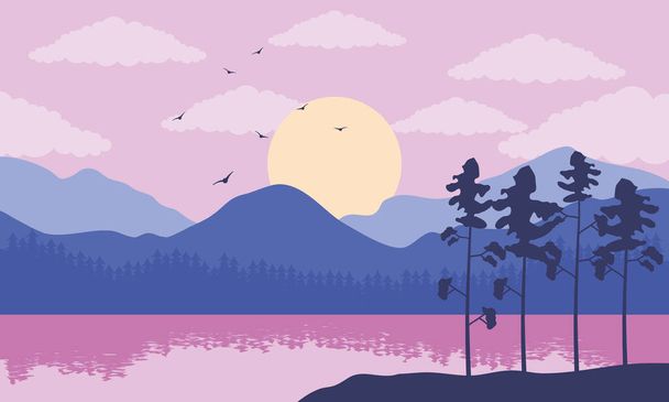 красивая пейзажная сцена с фиолетовым озером и деревьями - Вектор,изображение