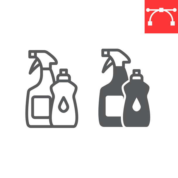 Línea de productos de limpieza e icono de glifo, higiene y química, productos de limpieza para el hogar signo de gráficos vectoriales, icono lineal de carrera editable, eps 10. - Vector, imagen