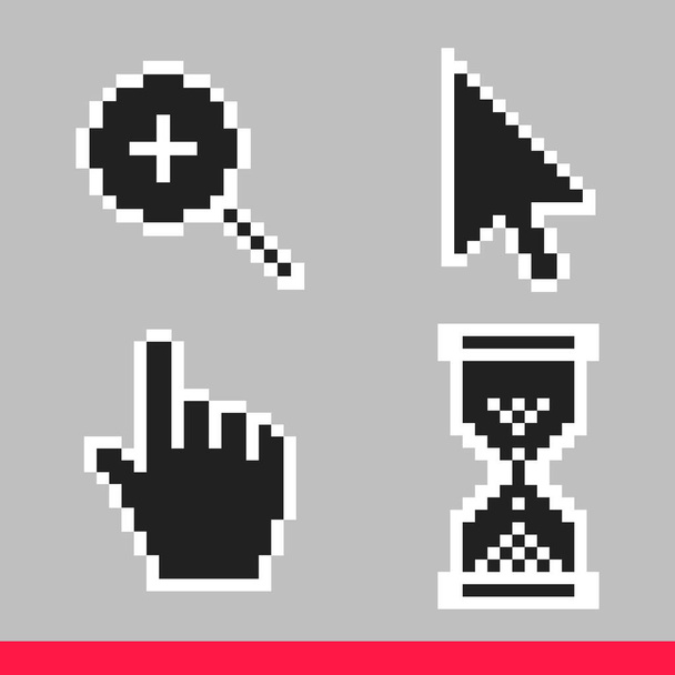 Black and white arrow, hand, magnifier and hourglass pixel mouse cursor icons - Vector, Image